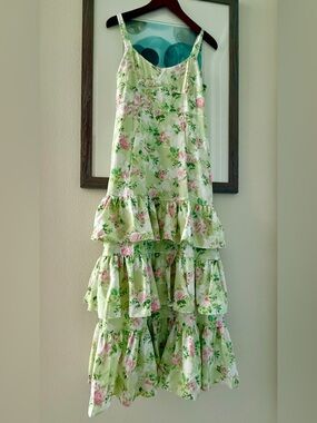 Pastel Green & Pink Pretty Smocked Floral Tiered Maxi Dress size L